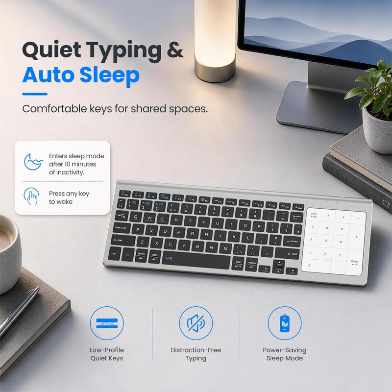 SOPPY Multi-Device Wireless Keyboard with Numeric Touchpad, Mini Bluetooth Keyboard, Stainless Steel Slim Wireless Keyboard with USB Receiver for MacBook/iPad/Tablet/PC/Laptop, QWERTY US Layout