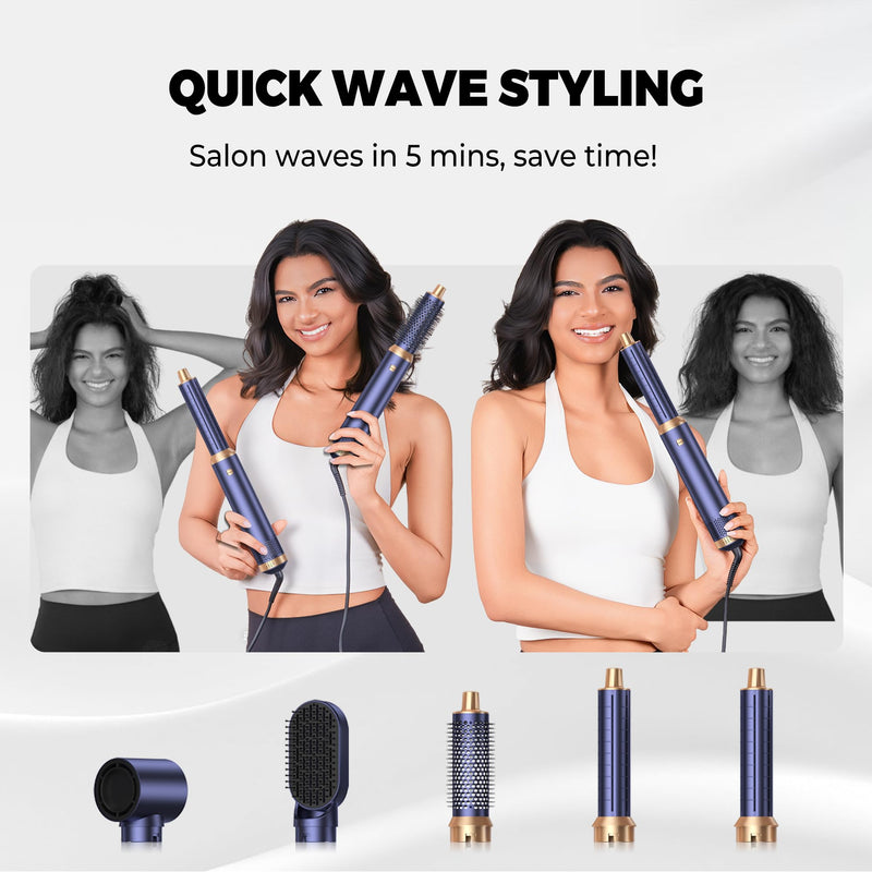  [AUSTRALIA] - Mogawave 5 in 1 Hair Styler,Airbrush Air Styler 1000w Multistyler | Blow Dryer Brush Set, 30mm Air Curler, Hair Styling Tool, Smooth Shine Volumize Curl Straighten Brush,Blow-Out Look Bluegold