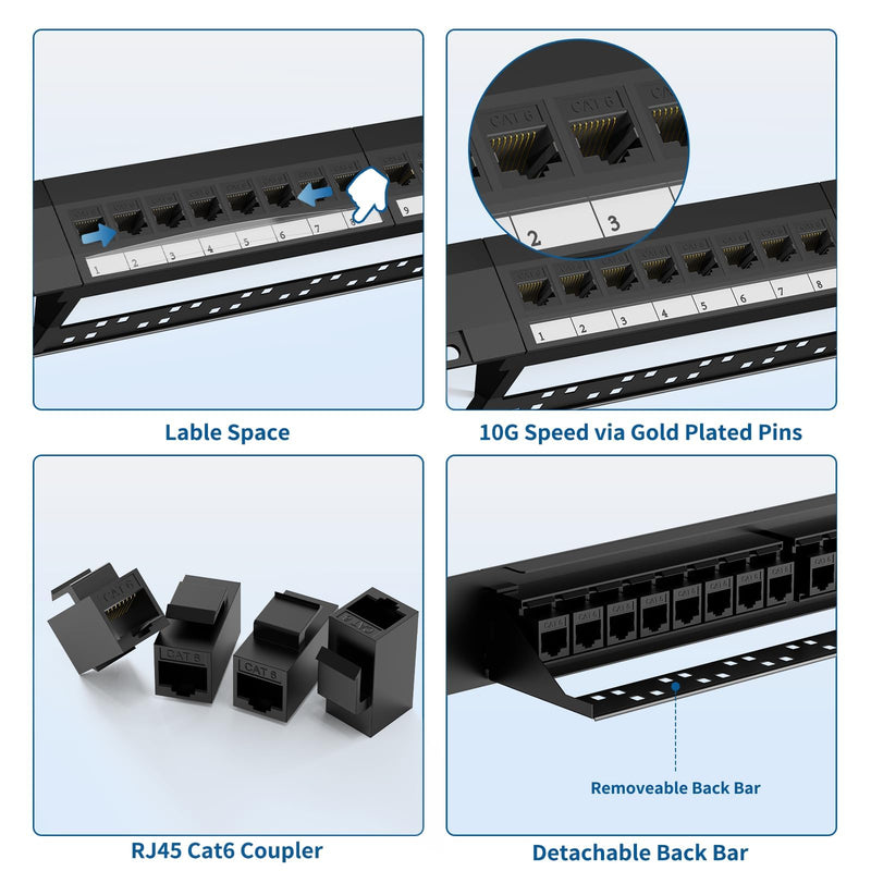 CableGeeker Cat6 Patch Panel 24 Port with Inline Keystone, 10G Ethernet Support, 1U Network Patch Panel UTP 19-Inch with Removable Back Bar, Compatible with Cat6, Cat5e, Cat5 Rackmount Cabling