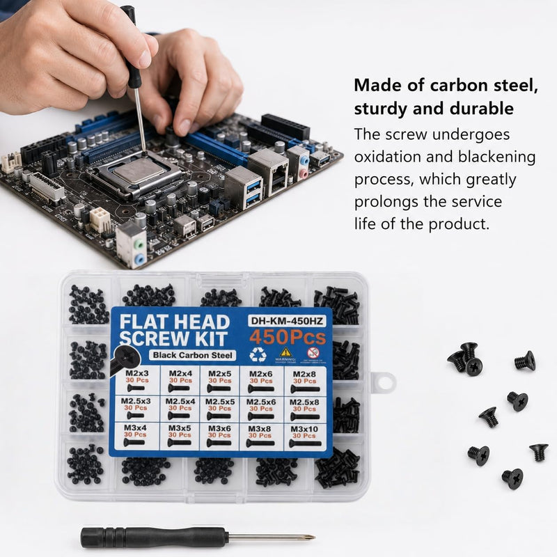 Laptop & PC Screw Kit, 450 Pcs, 15 Sizes, M2/M2.5/M3, Flat Head | Black carbon-steel flat-head Phillips screws with a mini screwdriver and labeled storage case for laptop, SSD and HDD repair