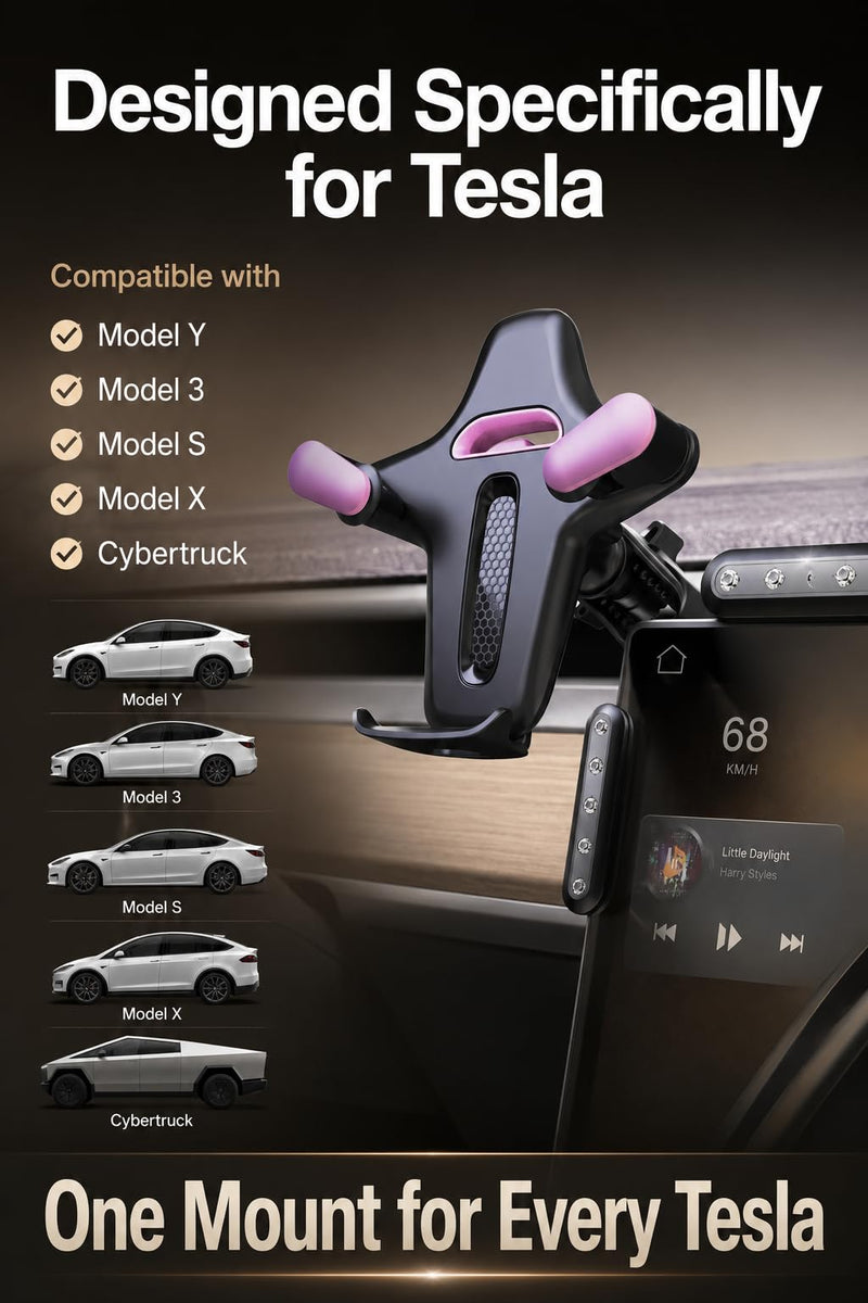 TFORESTER Tesla Phone Mount for Model Y/Model 3 / Model S/Model X/Cybertruck, Adjustable Car Phone Holder for Tesla Screen, Stable Cell Phone Mount with Clamp Design,-Purple 7.2 Purple