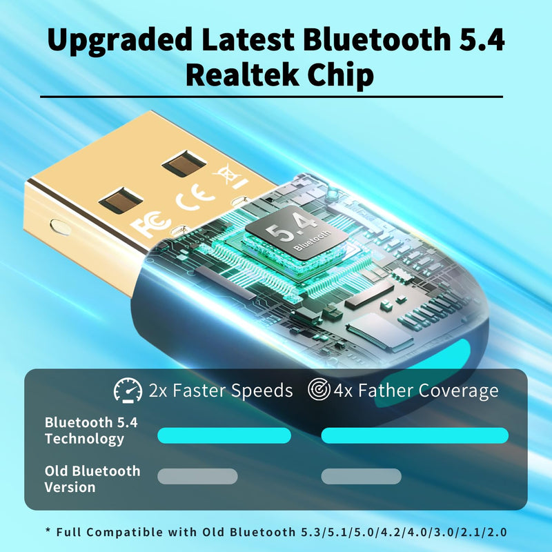 Upgraded Bluetooth 5.4 USB Adapter for PC Laptop, Wireless Dongle for Windows 11 10 8.1 7 Linux Desktop Computer, Plug n Play Bluetooth Headset Speaker Keyboard Mice Printer Controller
