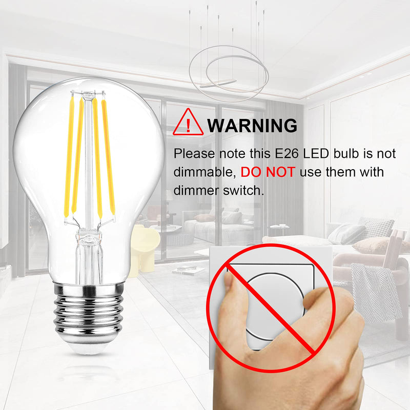Ascher 60 Watt Equivalent, E26 LED Filament Light Bulbs, Daylight White 4000K, Non-Dimmable, Classic Clear Glass, A19 LED Light Bulb with 80 CRI, Pack of 12 12 Count (Pack of 1)