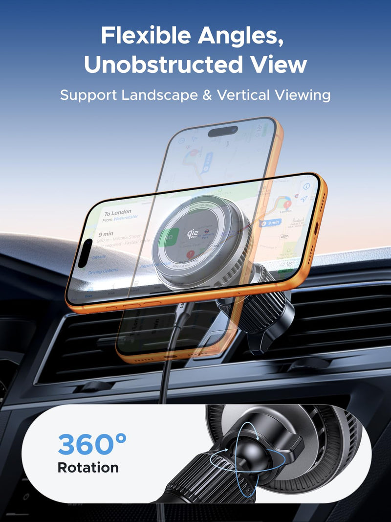 UGREEN Qi2.2 25W Wireless Car Charger Mount with Silent Cooling Fan (TEC) | Air Vent Clip and Fast Power, LED Lights, 360°Adjustable Car Phone Holder for iPhone 17-12 Series, 5FT Cable, No Adapter