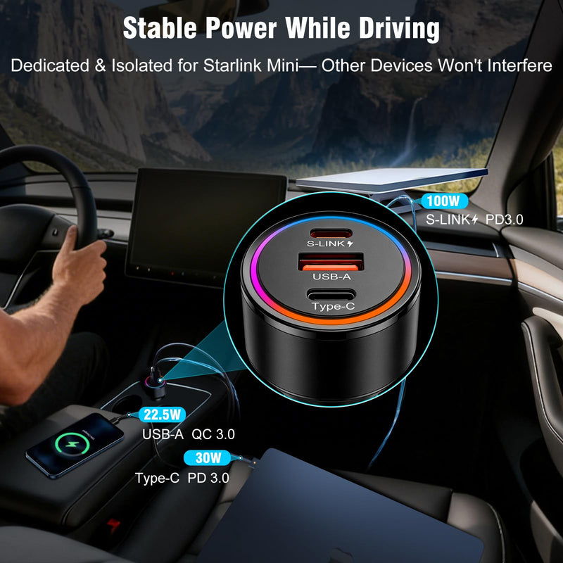 Starlink Mini Car Adapter, 3-in-1 DC Power Cable with 12V to 24V Cigarette Lighter Adapter, 100W Car Power Supply + PD 30W + USB-A 22.5W for Trucks, RVs, Boats - 16.4FT