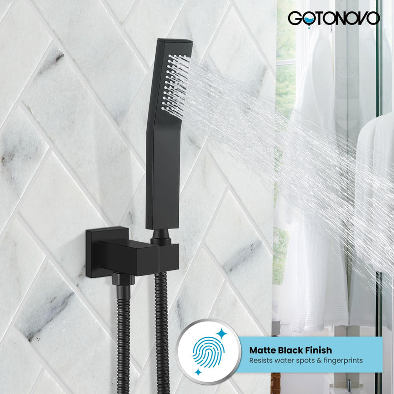 gotonovo Wall Mount Solid Brass Matte Black Bathroom System Square Hand Held Shower Head With Wall Connector and Hose Set Handheld Combo Set