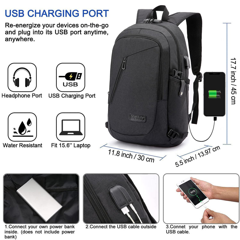 WENIG Anti-Theft Travel Laptop Backpack with USB Charging Port Lock,Water Resistant Slim Work Computer Bag for Men College Bookbags Fits 15.6 Inch Laptop Black