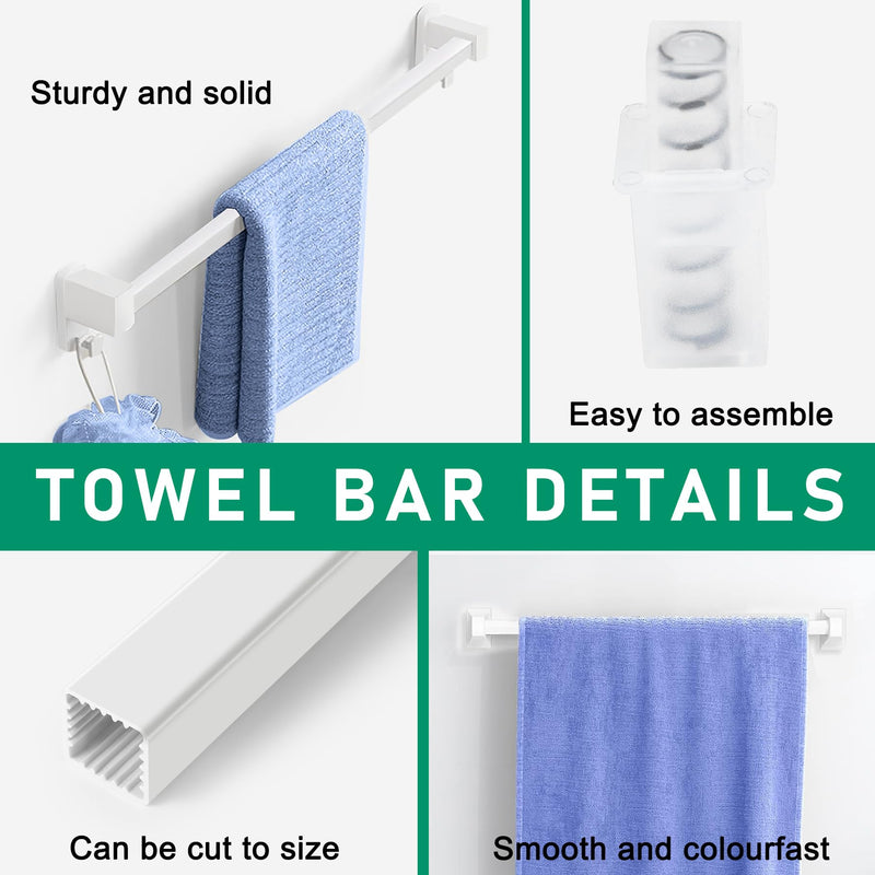 24-Inch Spring End Wall-Mounted Towel Bar, Adjustable Sturdy Plastic Towel Holder for Bathroom Kitchen Towel Storage White 2 Pack
