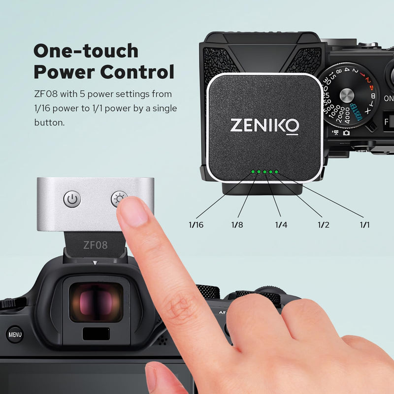 Zeniko ZF08 Aluminum Mini On‑Camera Flash for Canon Nikon Sony Fuji(Silver) | 440 Full-Power Mini Speedlite,Universal Hot Shoe, 470mAh Battery, CCT 6500K±200K, Travel Vlog Portrait Photography Accessory Silver