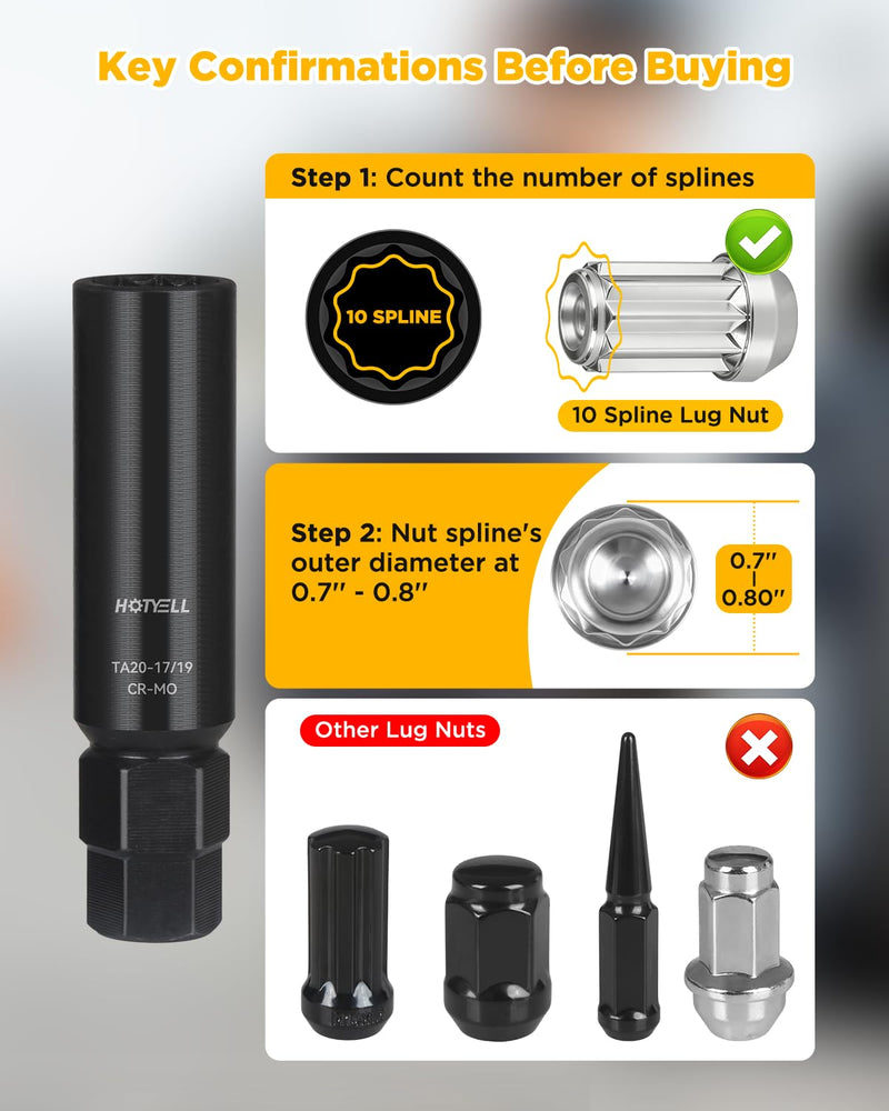 10 Spline Lug Nut Key, Thicker Wall 10-Spline Lug Nut Socket Set, Break-Resistant Wheel Lugnut Removal Tool for Aftermarket Locking Lug Nuts, Compatible with Bimecc Lug Nuts (3 Piece Set) 3 Piece Set