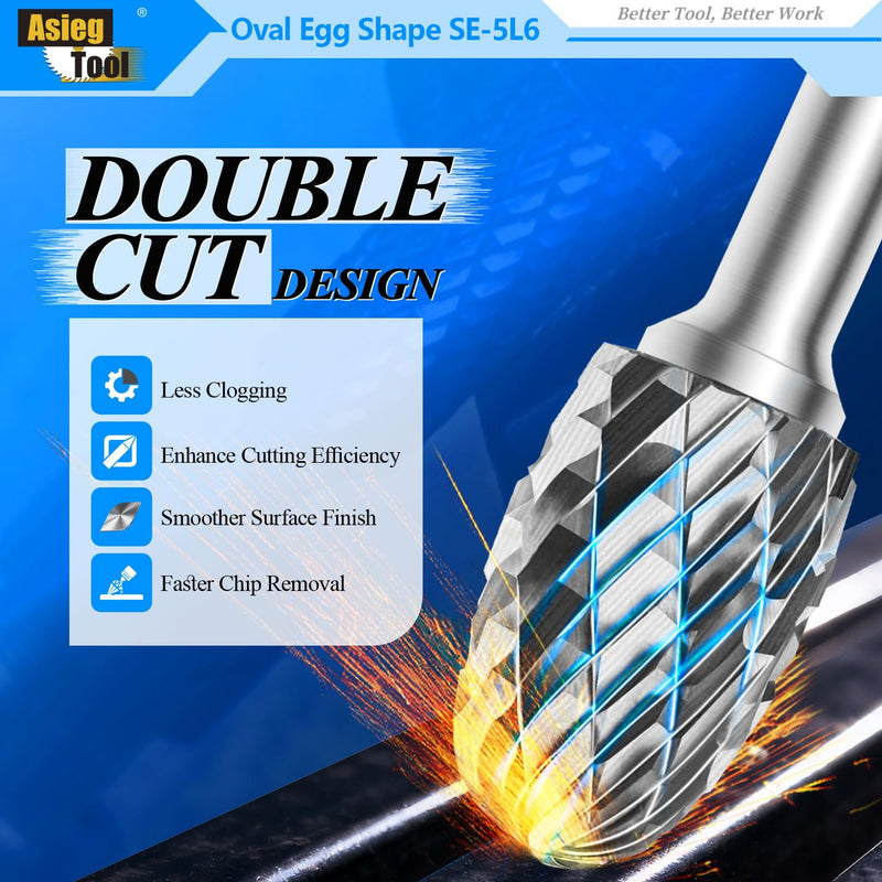 SE-5L6 Tungsten Carbide Burr Lengthened Rotary File Oval Egg Shape Double Cut with 1/4''Shank for Die Grinder Drill Bit SE-5L6