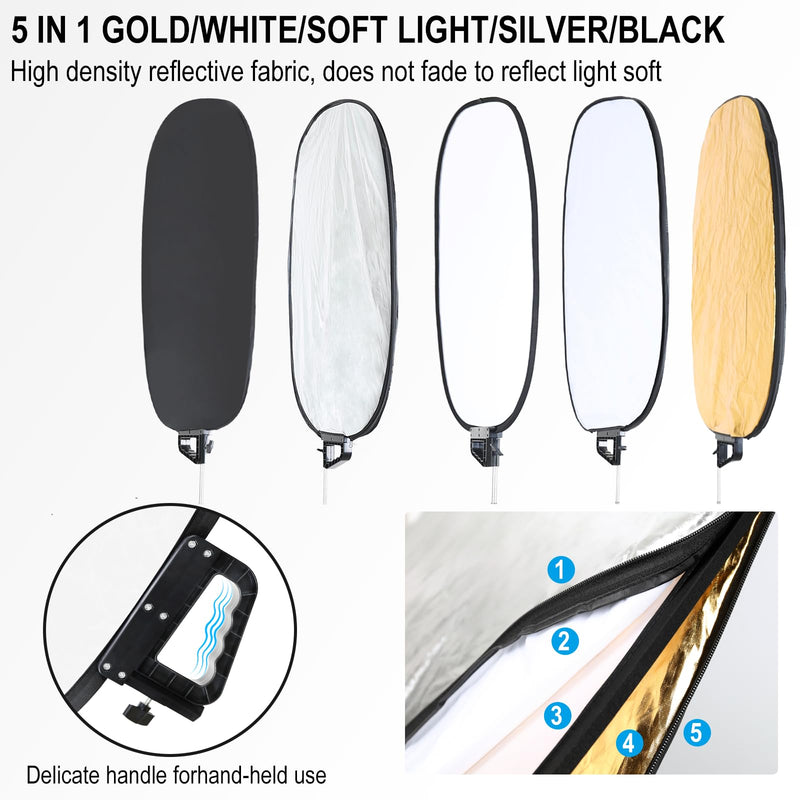 5 in 1 Photography Reflector 27x35inch (72x90cm) Collapsible Light Reflector with Handle & Connection Adapter,Portable Light Reflectors Diffuser Panel Photography Kit for Studio Video&Outdoor Lighting 72x90cm / 27x35inch