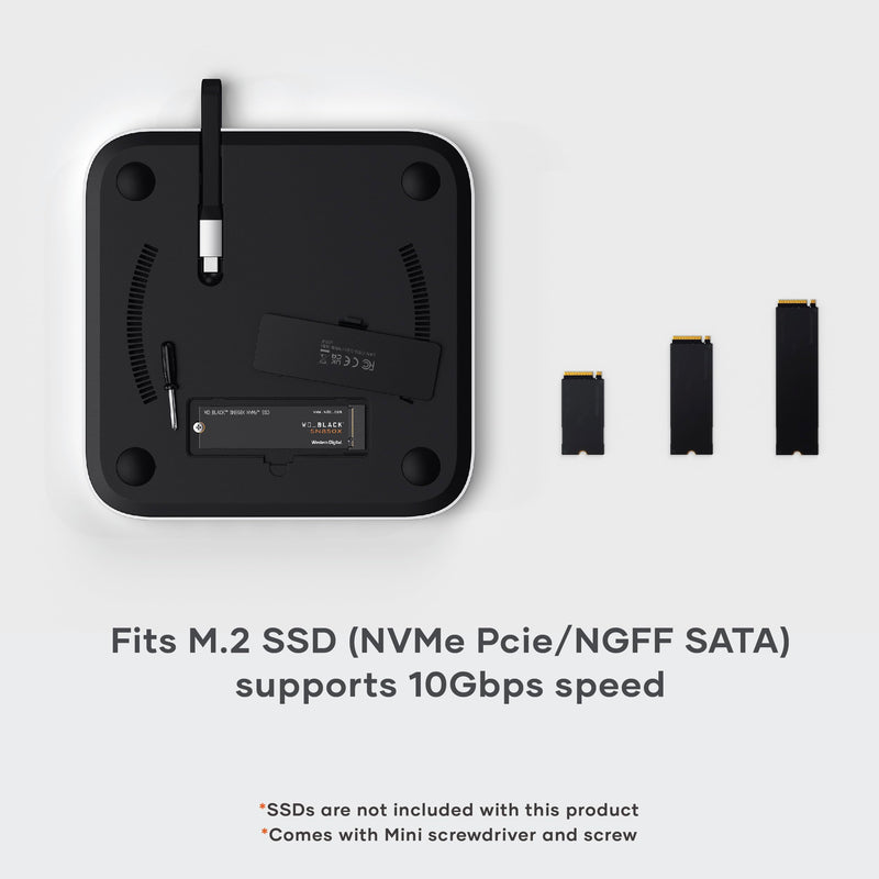 Satechi Mac mini Hub & Stand with SSD Enclosure for NVME/SATA M.2, Mac mini Dock with USB C 10Gbps, 3 USB A 5/10Gbps, 2.0 Audio Jack, for Mac Studio, Mac mini M2/M1 (Not Compatible with M4) - Silver NVMe SATA SSD