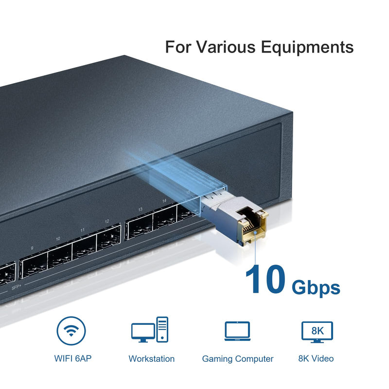 QSFPTEK 10GBase-T SFP+ to RJ45, 10G Copper Module, 10Gbe T Mini Gbic 10 Gigabit Ethernet Adapter SFP Transceiver for Arista SFP-10GE-T, Mikrotik, Ubiquiti & Open Switches & Routers, up to 100ft/30M 10GBase-T: 30m