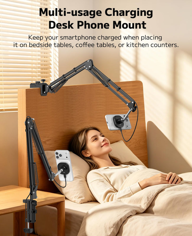 VRIG Magnetic Wireless Charger Phone Stand for Bed Desk Flexible Long Arm | Magsafe Overhead Phone Mount Stand for Desk, Adjustable Bedside Laying Down Magic Arm Clamp for iPhone, Vlogging, Drawing Wireless Charger Stand