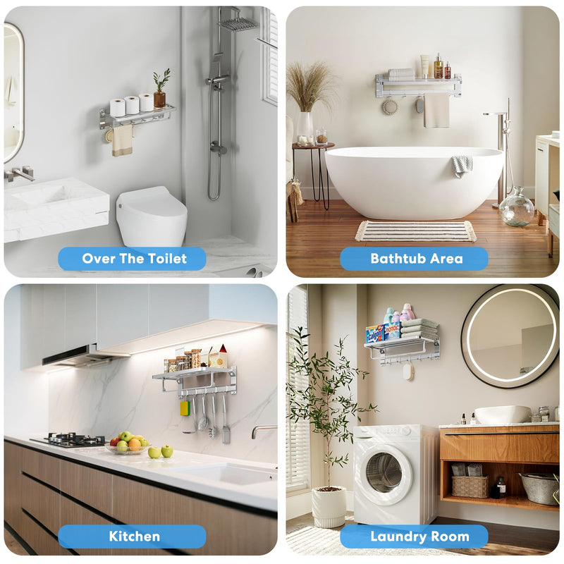 Foldable Wall Mounted Towel Rack, 23 Inch Rustproof Aluminum Towel Shelf with Bar & 5 Hooks, Space Saving Bathroom Organizer, Silver Matte Silvery