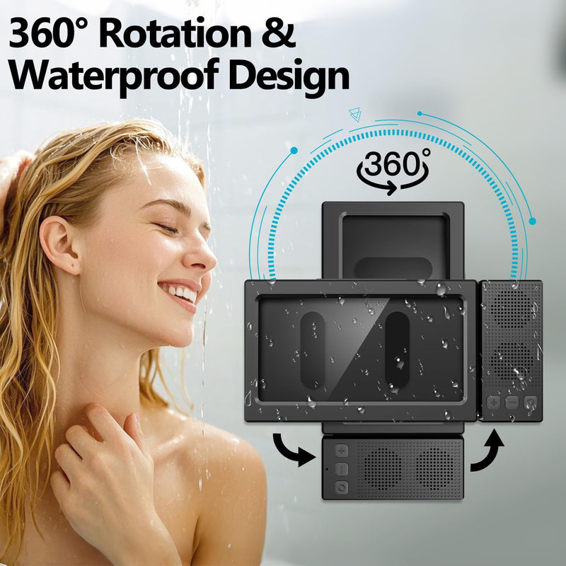 Shower Phone Holder with Wireless Bluetooth Speaker,- 480°Rotatable Retractable Adjustable Shower iPhone Case, Bathroom Wall Phone Stand Water Proof Anti Fog,Accessories for 4-7"Cellphones (Black) Black