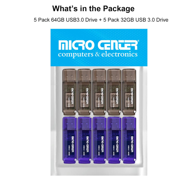 Micro Center SuperSpeed 5 Pack 64GB and 5 Pack 32GB USB 3.0 Flash Drive Mixed Multipack Thumb Drive Memory Data Storage Bulk, Much Faster than USB2.0 Flash Drive 5 Pack 64GB+5 Pack 32GB