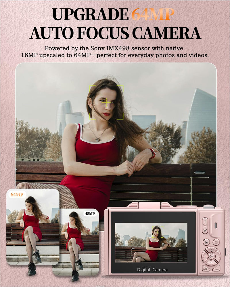 4K Digital Camera for Beginners & Teens, Compact Vlogging Camera with 180° Flip Screen, Autofocus, Easy-to-Use for Travel & YouTube, 18X Zoom, WiFi, 2 Batteries, 32GB Card Deep Pink