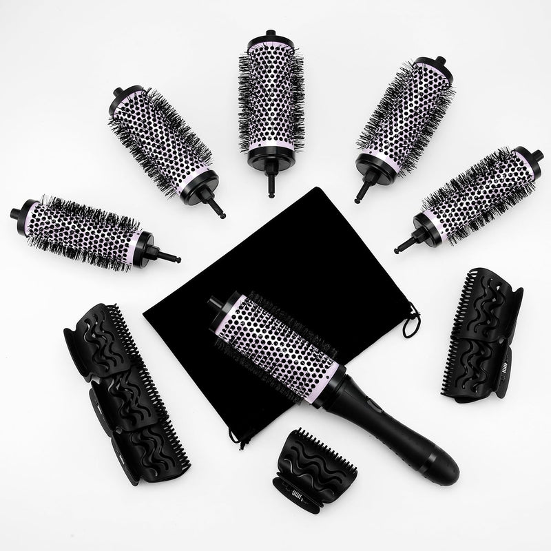 Round Hair Brush Set Detachable Handle Hair Roller Brush 3 Sizes Round Hair Brush for Blow Drying with 6 Positioning Clips,6 Barrels 1 Handle () Purple