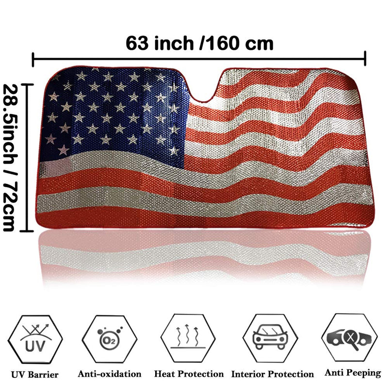 Big Hippo Sun Shade, Windshield Sun Shade American Flag Sunshades Keep Vehicle Cool Protect Your Car from Sun Heat & Glare Best UV Ray Visor Protector(Size: 63"X 28.5") American Flag Design