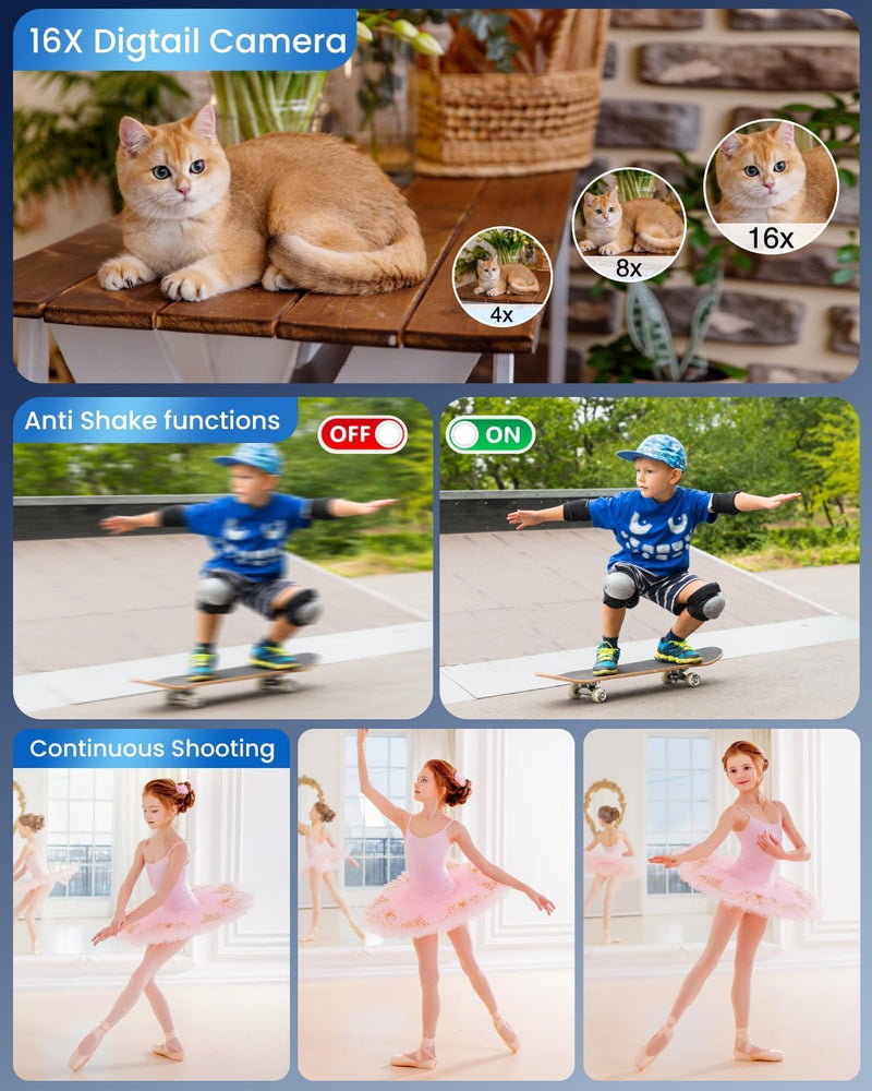 Digital Camera 4K for Kids-48MP Autofocus Vlogging Camera with 32GB Card, 16X Zoom, Anti-Shake, Compact Point and Shoot Camera for Teens Beginners, Birthday Gift Black