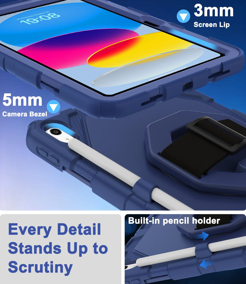 iPad A16 11th & 10th Gen Case with Screen Protector and Strap, Blue | 360° Rotating Stand, Removable Adjustable Shoulder Strap & Hand Strap, Pencil Holder, Handle for Carrying, Heavy Duty Case Navy Blue