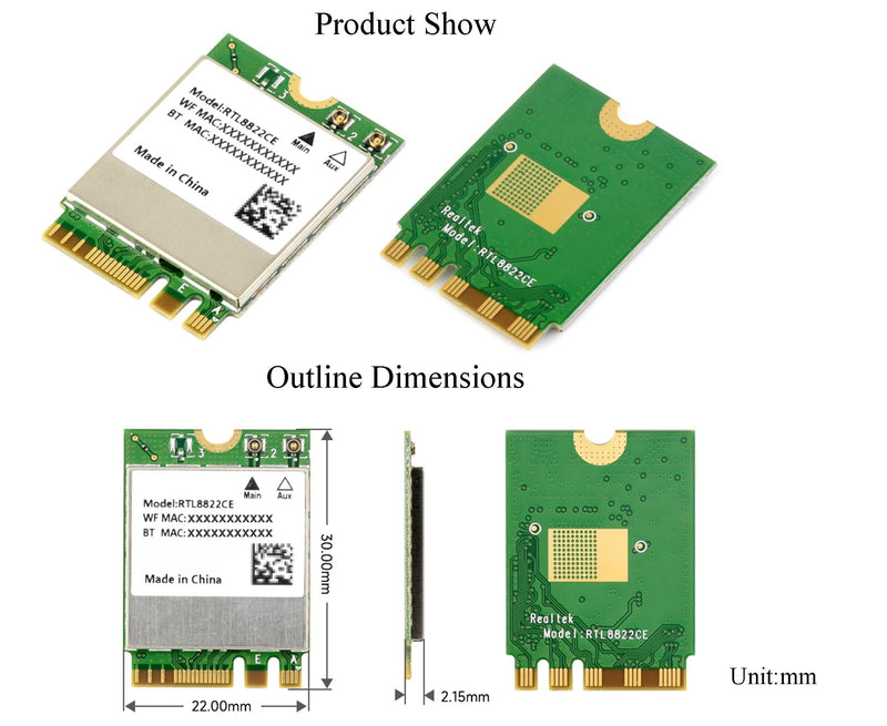 RTL8822CE Wireless NIC RTL8822CE Wireless Card, 2.4G/5GHz Dual-Band WiFi 5, Bluetooth 5.0, RTL8822CE-CG Core, High Speed and Low Latency for Jetson Xavier NX Jetson Orin NX Jetson Orin Nano,etc.