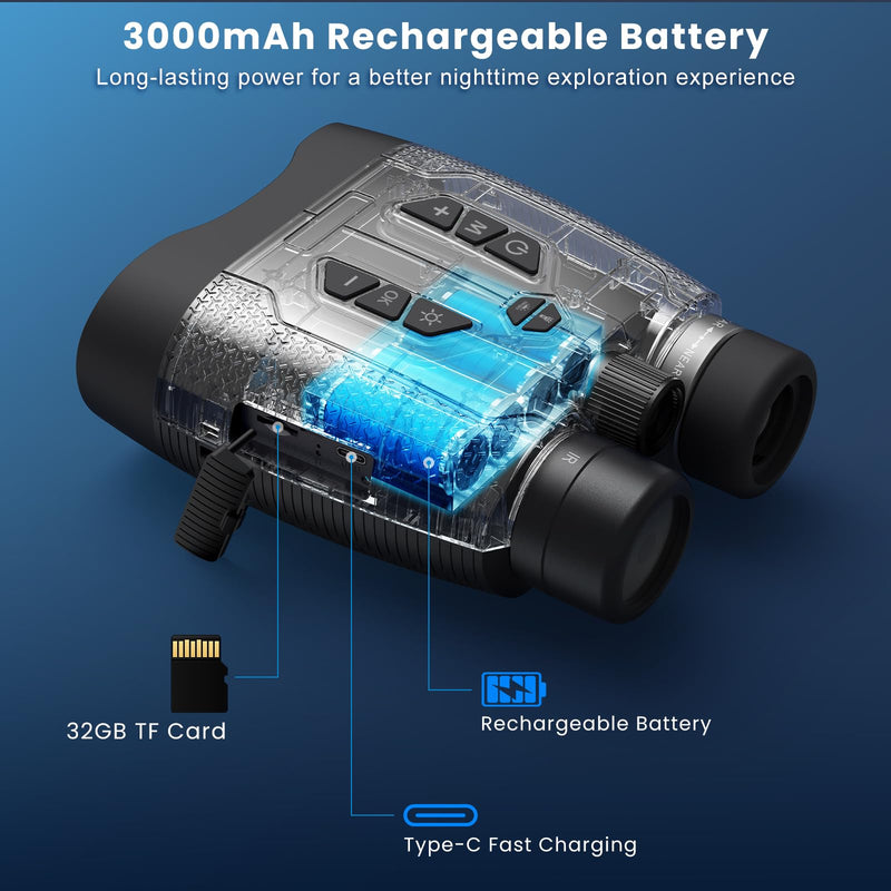 4K Night Vision Goggles for Adults, Photo & Video Recording, 32GB TF Card | Infrared Night Vision Binoculars, Rechargeable Battery, 1968FT Viewing Range for Wildlife Observation, Camping, Security
