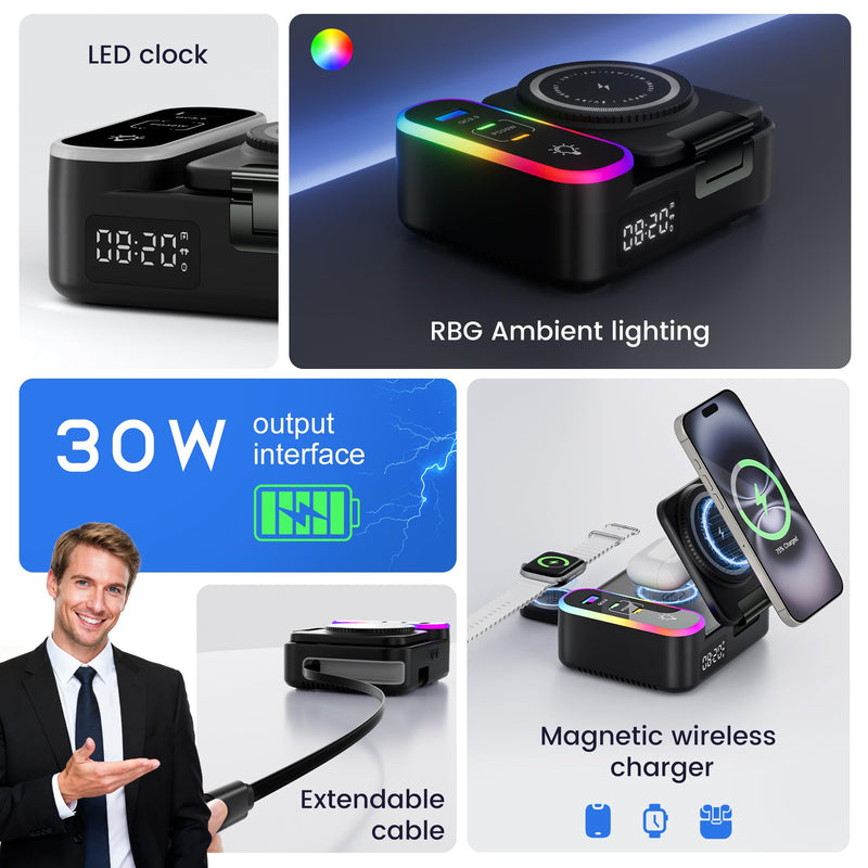 8-in-1 Foldable Wireless Charging Station for Apple Devices with Clock, 65W | Wireless Charge for Apple Watch, Phone & AirPods + 3 Extra Ports. Built‑in Retractable Cord, RGB Light & 65W GaN Fast Charge Black