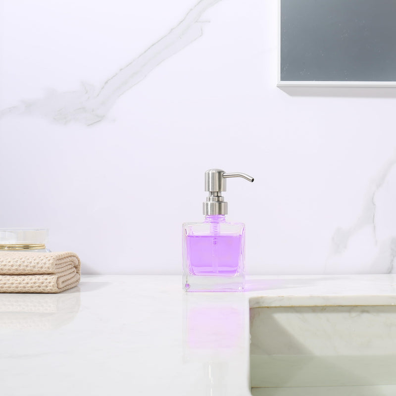  [AUSTRALIA] - Square Bathroom Soap Dispenser Brushed Nickel, Glass Bottles with Stainless Steel Pump Cube Liquid Soap Dispenser Hand Kitchen 8.4oz-Square