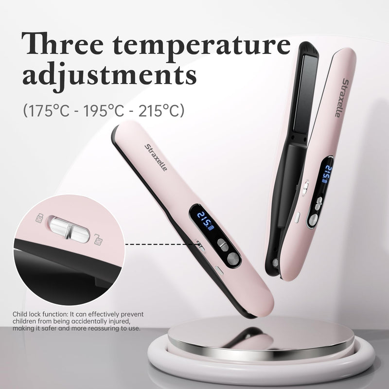 Mini Cordless Hair Straighteners, 2 in 1 Portable Flat Iron and Curler Adjustable Temp 175℃-215℃ Mini Straightener with LED Display,5000mAh Travel Straightener for Women Men (Pink) Pink
