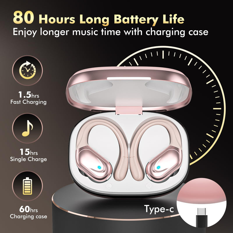 HAOYUYAN Wireless Earbuds, Sports Bluetooth Headphones, LED Power Display Ear Buds with 80Hrs Playtime, Noise Canceling Headset, IPX7 Waterproof Earphones for Workout/Running Rose Gold