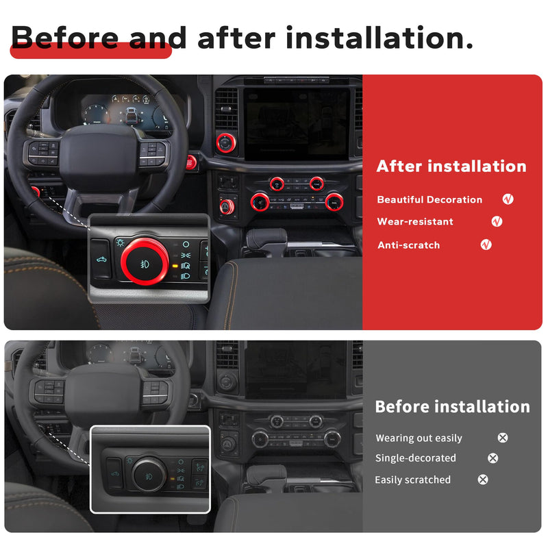 for Ford F150 Accessories 2021-2025 & Super Duty F250 F350 F450 2023-2025, 9pcs Aluminum Alloy Knob Cover Trim Set - Push Start, A/C, Vol Tune, Headlight, Pro Trailer & Drive Mode (Red) Red