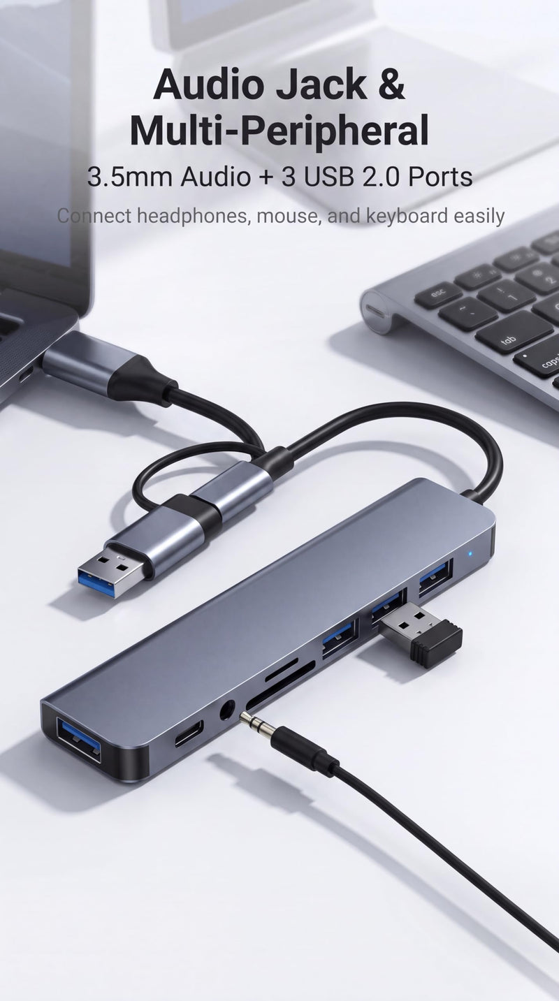 Eanetf 8-in-1 USB C Hub 2-in-1 Connector 4 USB A for Laptop Mac | 2-in-1 USB-A/USB-C connector, 1x USB 3.0 + 3x USB 2.0 + USB-C data, SD/TF dual card slots, 3.5mm audio jack, Plug and play