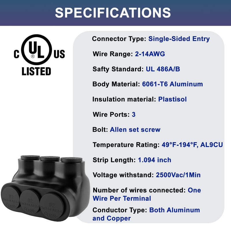 5 Pcs - Insulated Multi Cable Connectors 3 Port Single Entry Splice Electrical Power Connector Black Interconnect Terminals Pre Filled Wire Connectors (2-14AWG Wire Range) 3 Port 2-14AWG