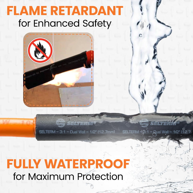 SELTERM 1/2" Black [50 Feet] Marine Grade Heat Shrink Tubing Roll, 3:1 Ratio Dual Wall Adhesive Lined Waterproof Heat Shrink Wrap Tube, for Battery Cable Lugs Wire Terminals Connectors 1/2" - 12.7MM