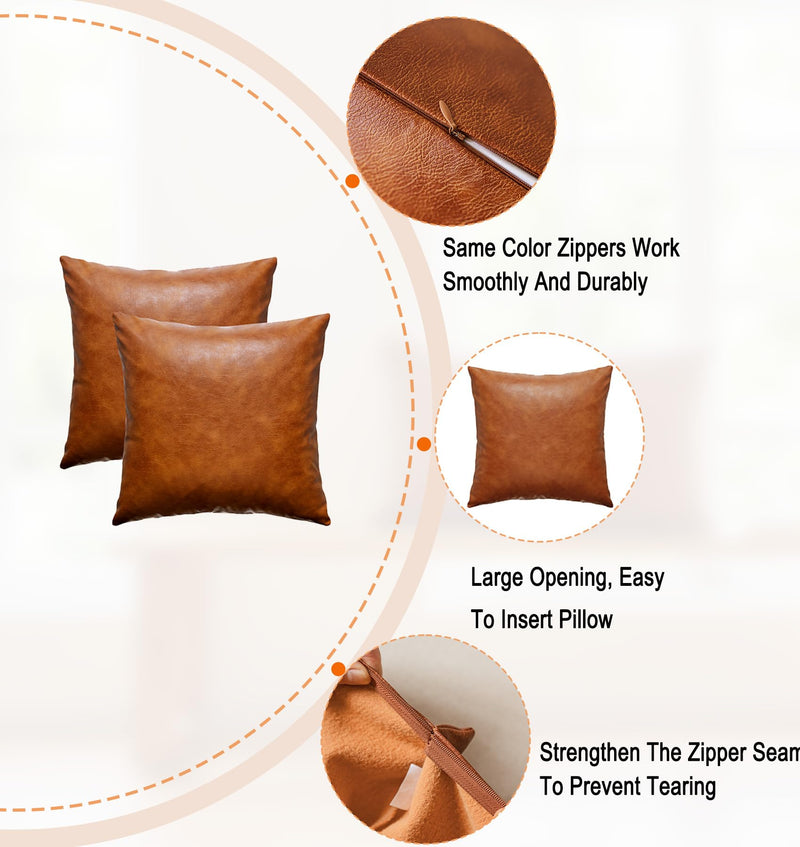 Faux Leather Throw Pillow Covers 18X18 Inch Set of 2 Brown Outdoor Modern Farmhouse Solid Decorative Pillow Covers for Room Couch Living Bedroom Bed Sofa 18" x 18" (Pack of 2)