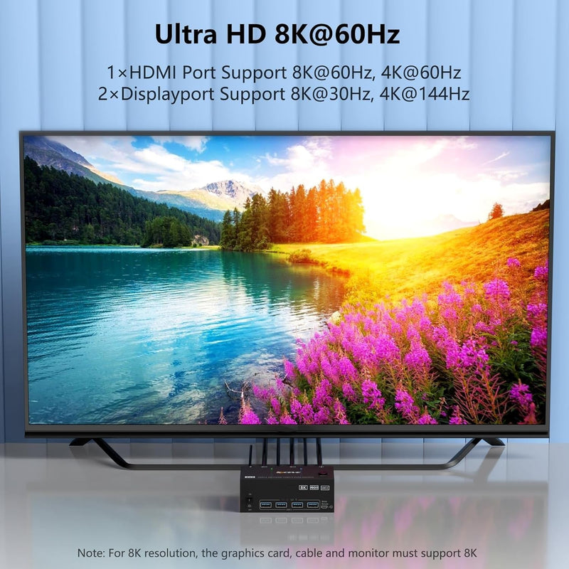 KVM Switch 3 Monitors 2 Computers 8K@30Hz/4K@60Hz, HDMI KVM Switches for 2 PC Sharing Triple Monitor and Keyboard Mouse with Power Adapter Black 8cm HDMI 2 in 3 out