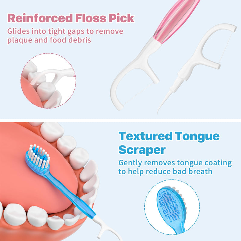 5-in-1 Disposable Toothbrush with Toothpaste (70 Pack), Mini Travel Toothbrushes with Soft Bristles, Dental Floss, Toothpick & Tongue Scraper, No Water Needed, 4 Flavors 70
