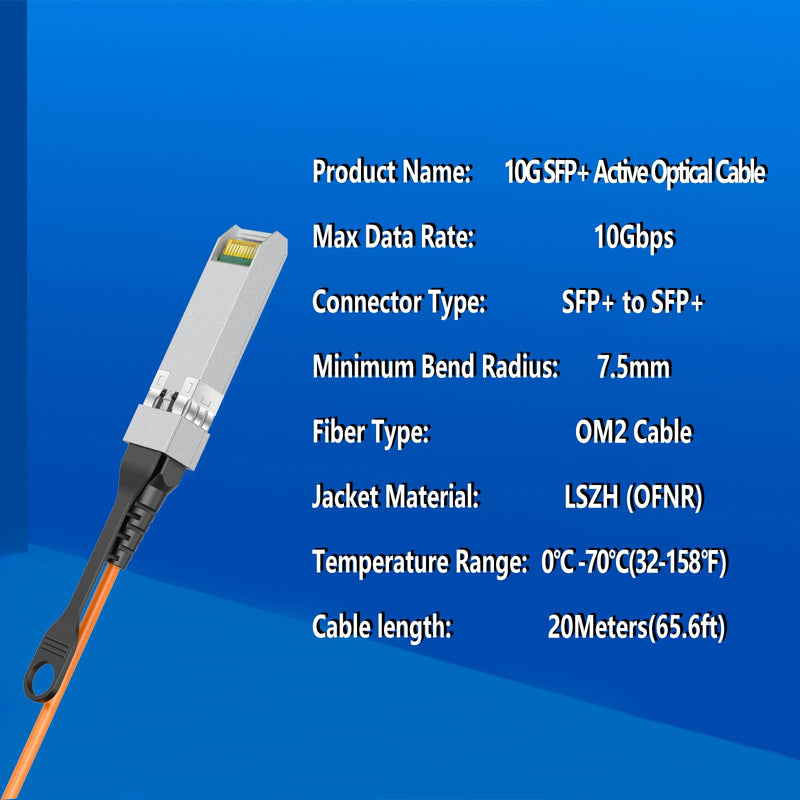 10G SFP+ to SFP+ Active Optical Fiber Cable Direct Attach Copper with Multi-Mode Fiber Cable for Cisco,MikroTik,Ubiquiti...Etc Switch(AOC 20Meters) 20M(65.6ft) AOC