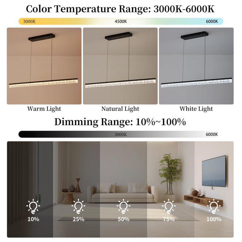 Modern Led Pendant Light, Dimmable Crystals Led Chandelier for Dining Room Light Fixture Over Table Creative Vertical Pendant Light for Kitchen Island, Dining Room, Bedroom(49.6IN) Black Water Ripples