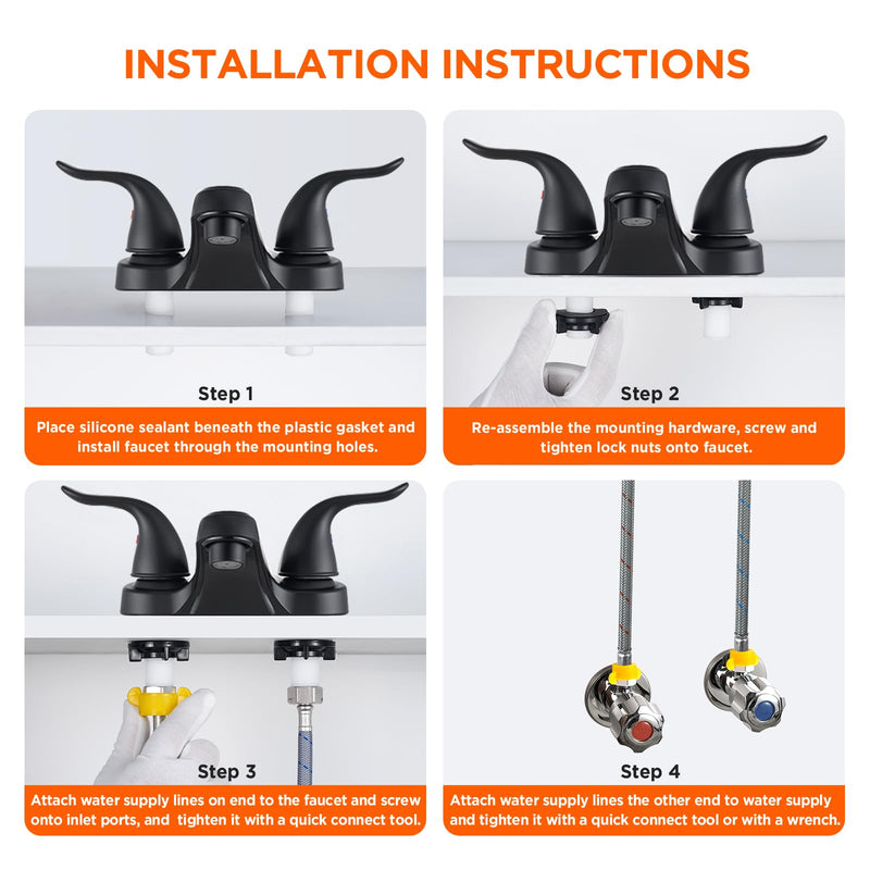 Bathroom Sink Faucets 2/3 Hole,Matte Black Dual Handles 4 inch Plastic Plating Over Bathroom Faucet with Pop-up Drain and 2 Supply Hoses for Apartment Rvs Sink Vanity Matte Black