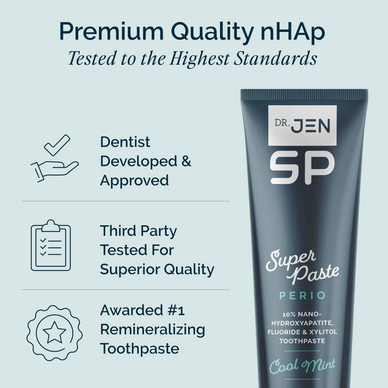 Dr. Jen Super Paste Perio Toothpaste, Cool Mint, Fluoride + 10% Premium Nano Hydroxyapatite, Xylitol, SLS Free, Low Abrasivity, Aloe + Calendula, Dentist Designed, Fresh Clean Feel, 1 Pack