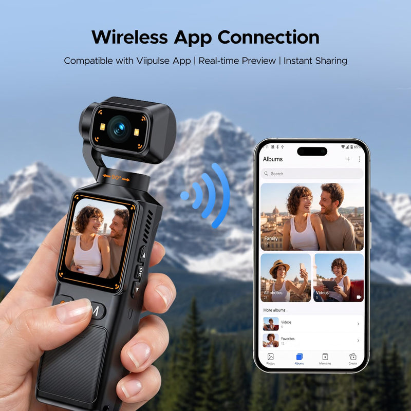 2K Vlogging Camera with 180° Rotating Lens, Handheld Pocket POV Video Camera, WiFi App, 7H Battery, 1.69" Screen, 32GB Card Included for YouTube, TikTok, Travel, Content Creators & Daily Vlogs Solid black