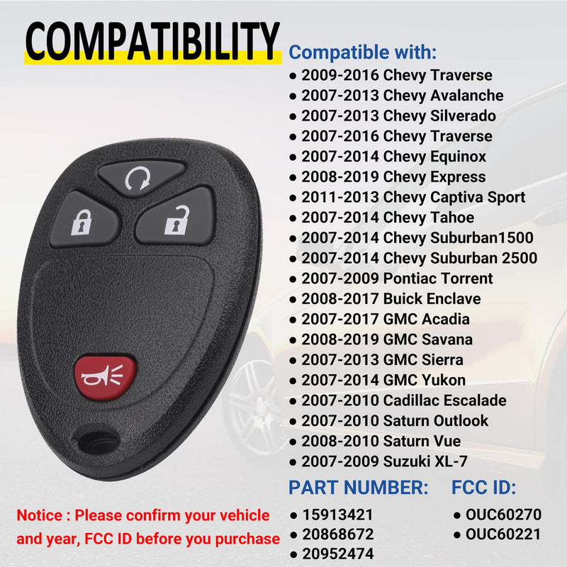 Key Fob Keyless Entry Remote Compatible with Chevrolet Silverado Traverse Avalanche, GMC Sierra, Pontiac Torrent, Saturn Outlook Vue 2007-2017, Replacement for OUC60270, OUC60221 (Pack of 2)