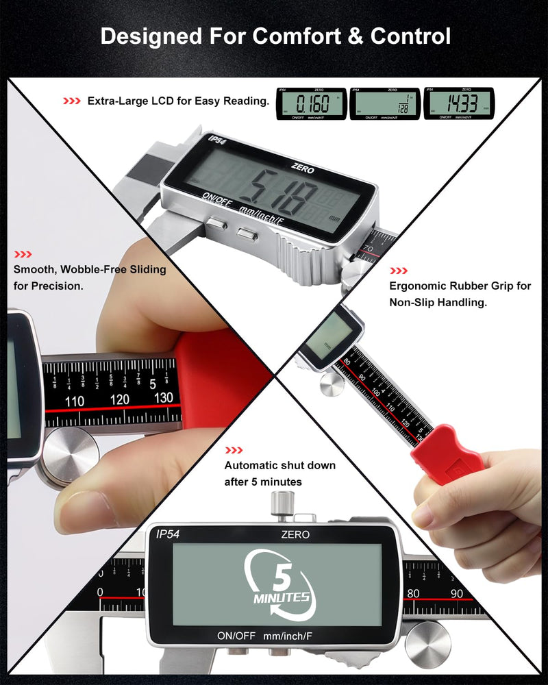 GODESON Digital Caliper, 6 Inch Rechargeable & Power Indicator Caliper Measuring Tool - 0.01mm Accuracy, Large LCD Vernier Calipers - IP54 & Full Stainless Steel, MM/Inch/F for Wood Working, DIY，3D 6-INCH USB-C