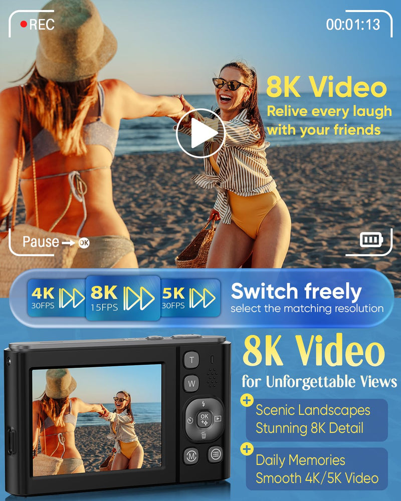 8K Digital Camera for Photography,96MP WiFi Dual Screens Vlogging Camera | Autofocus,16X Zoom,Anti-Shake,Compact Point and Shoot Camera for Teens,Beginners,Travel,32GB Card,2 Batteries Black