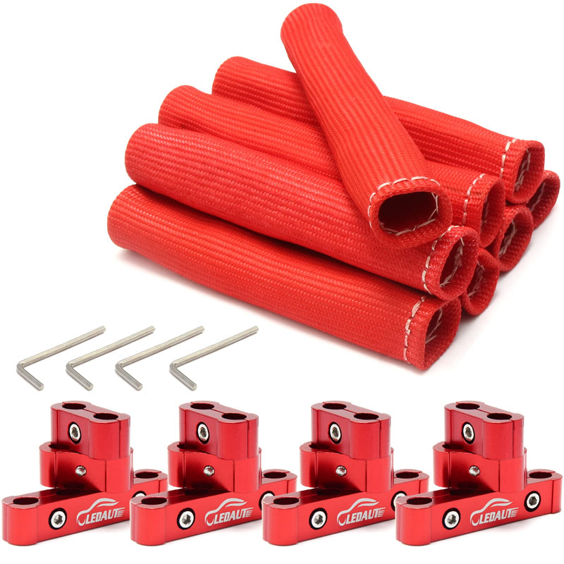 Red 8Cyl Spark Plug Heat Shield Protector and 12pc Engine Separator Insulating Fire Sleeve Wire Protector with Divider Suit for 8mm 9mm 10mm 18PCS Red