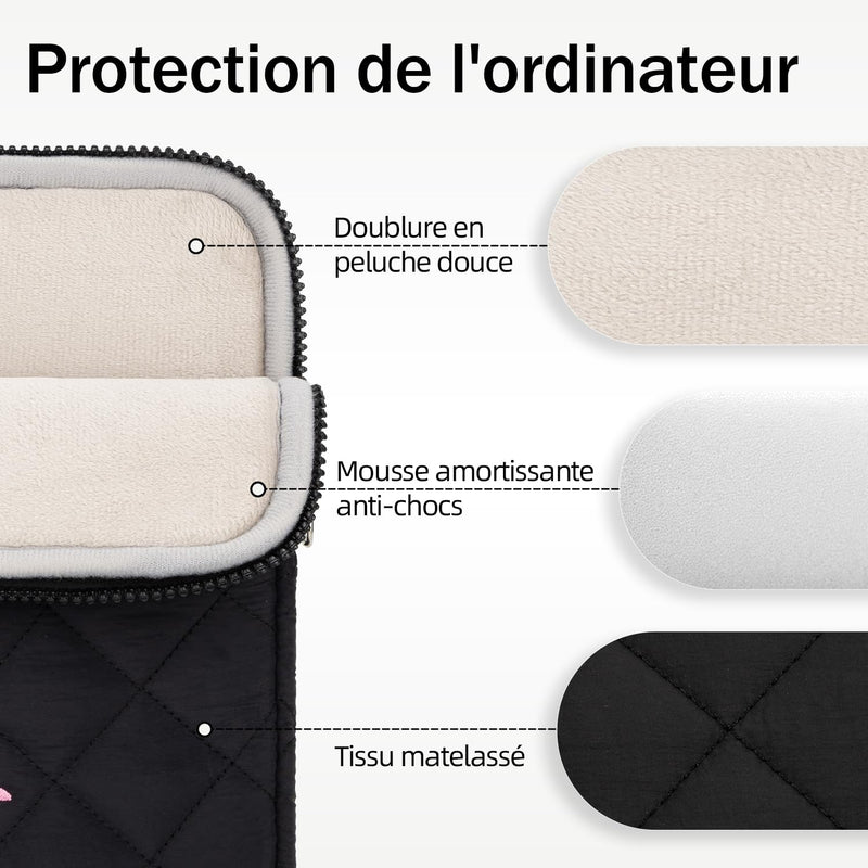 15-16 Inch Laptop Sleeve, Bow Embroidered with Pouch, Black | Quilted Shockproof Padding, Scratch-Resistant Lining, Water Resistant Fabric, Accessory Pouch, Slim for Work, School & Travel 15-16 Inch